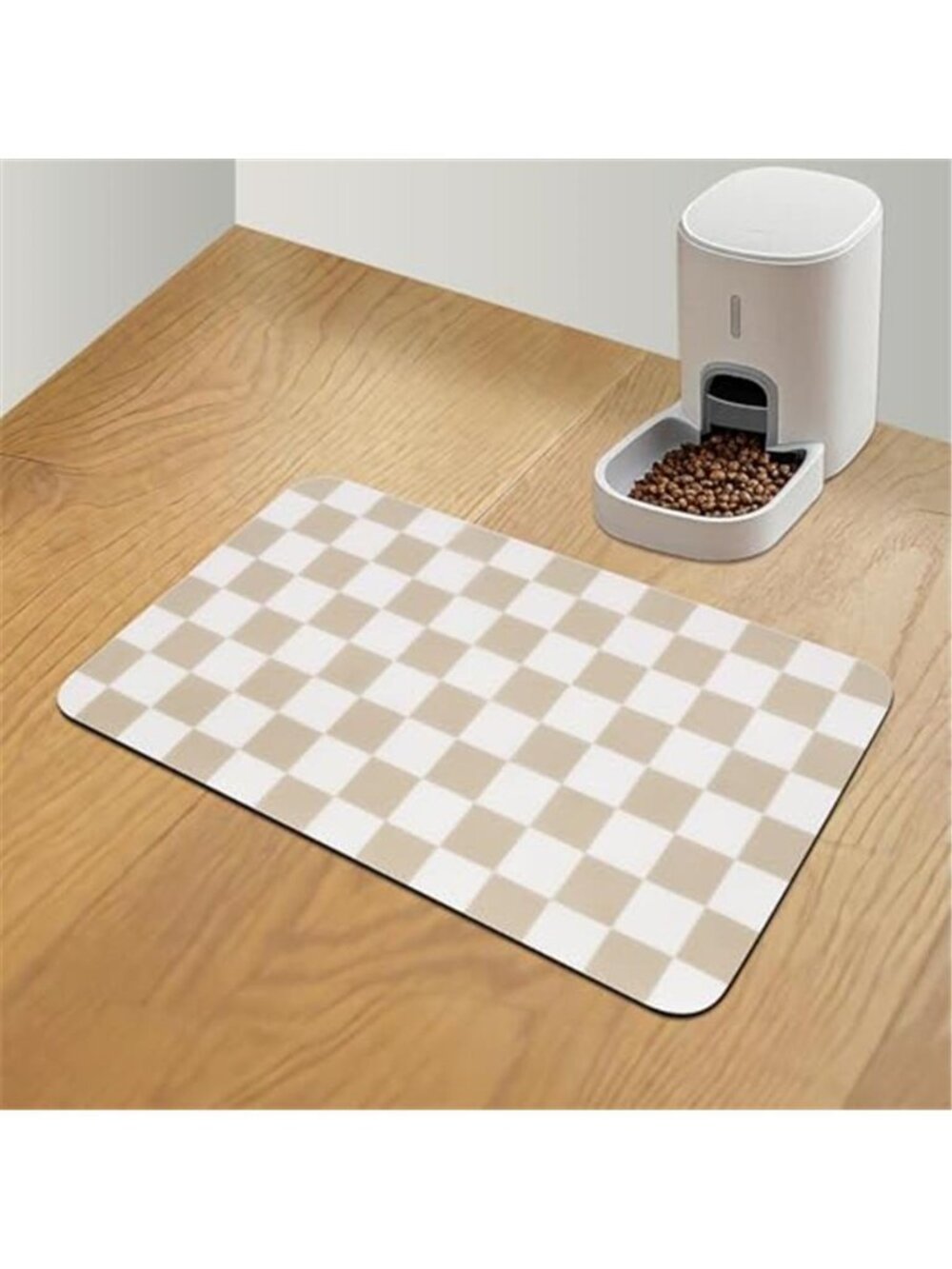 Checkered Dog Food Mat Pet Feeding Mat 20" L x 12" W Beige
